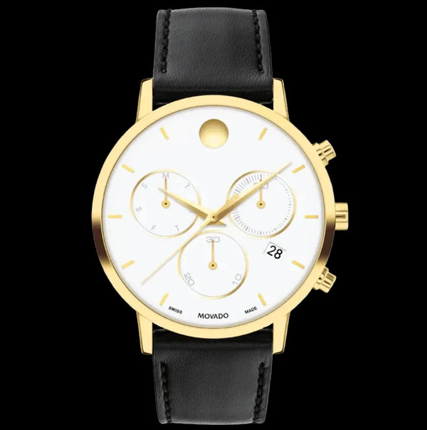 Movado Black Leather Strap White Dial Chronograph Quartz Watch for Gents - Movado 0607888